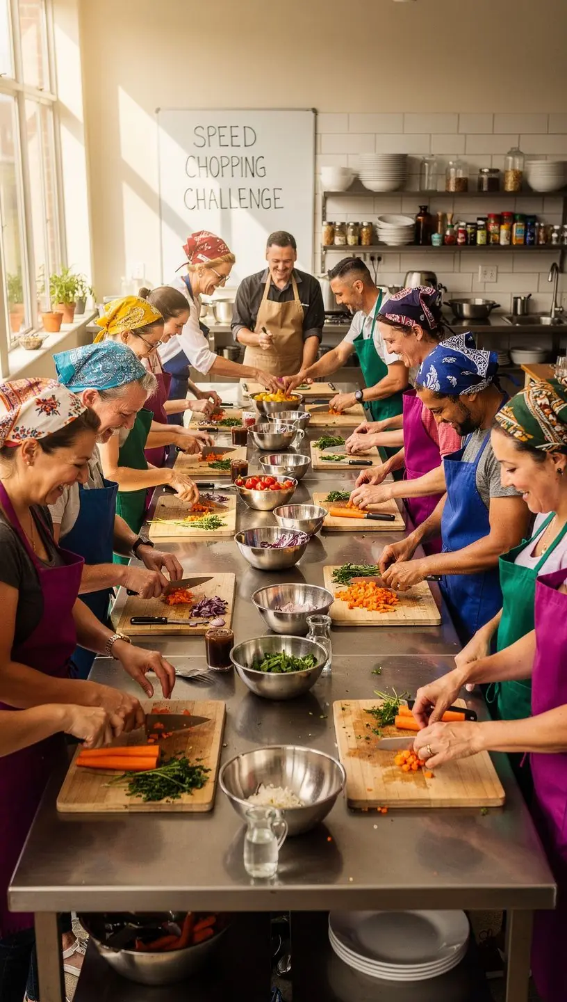 Eine Gruppe von Teilnehmern, die an einem Workshop für Messerkünste aktiv teilnehmen.