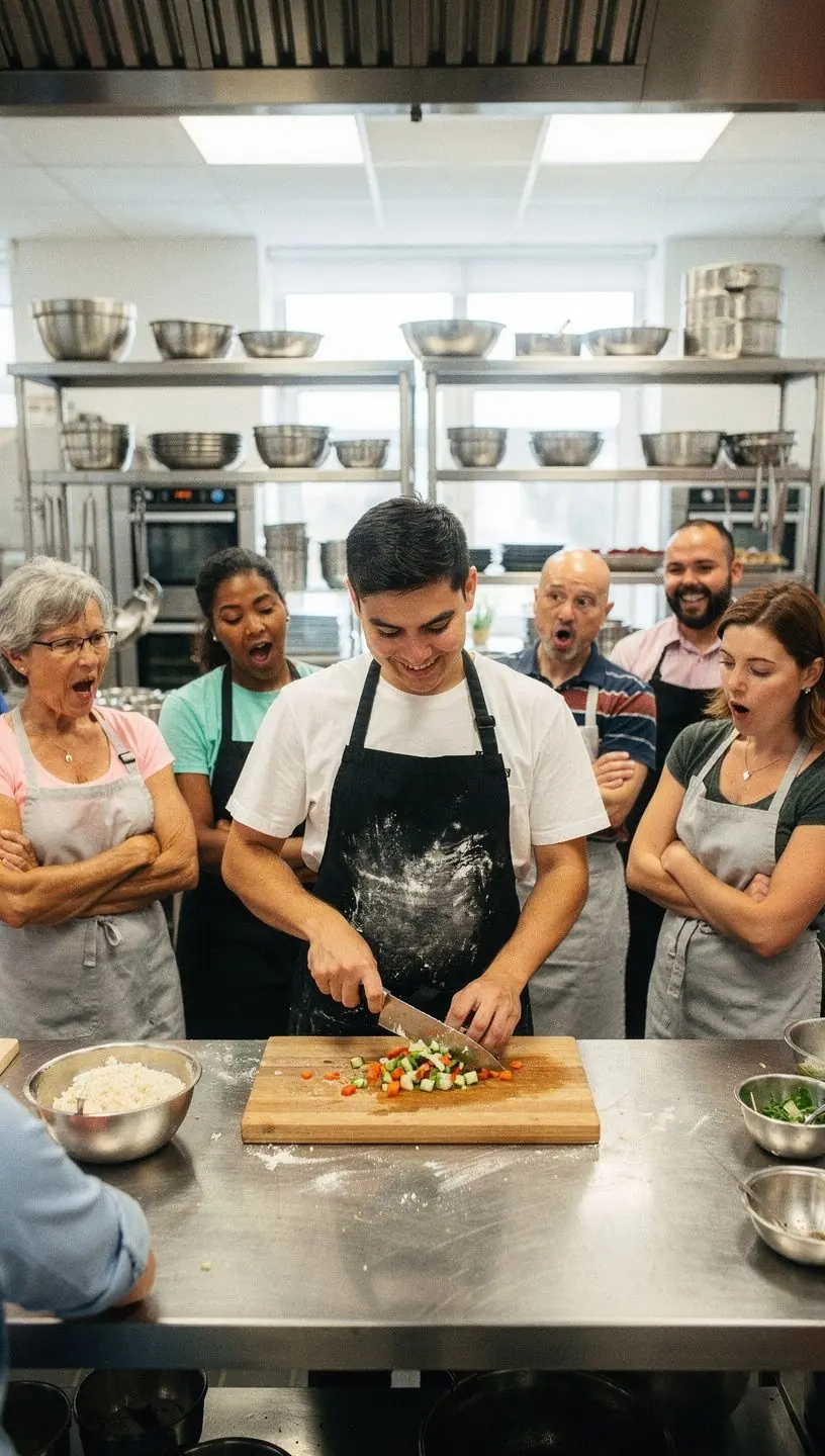 Eine Gruppe von Teilnehmern übt das Schneiden von Gemüse in gleichmäßige Stücke.