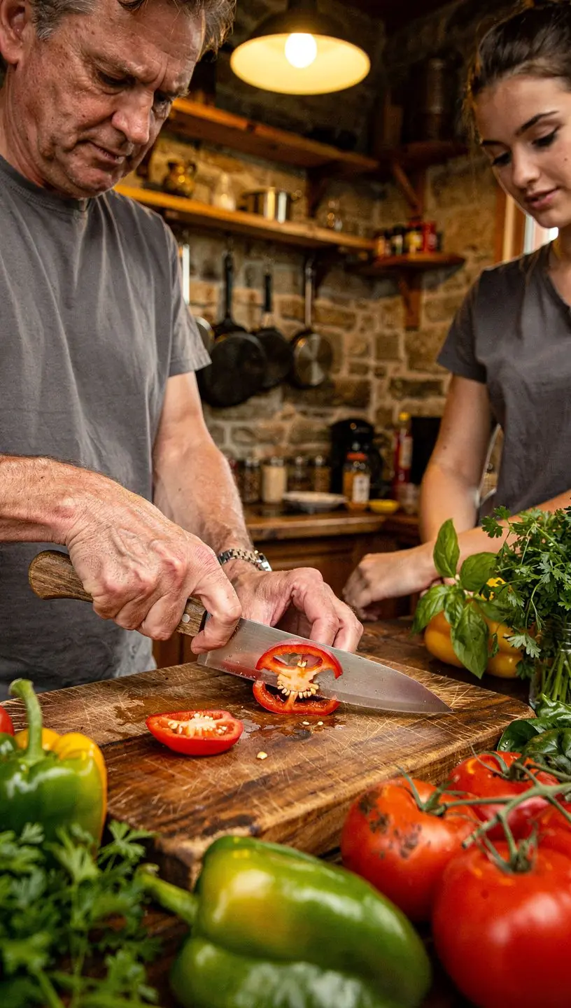 Nahaufnahme eines scharfen Messers, das durch frisches Gemüse gleitet.