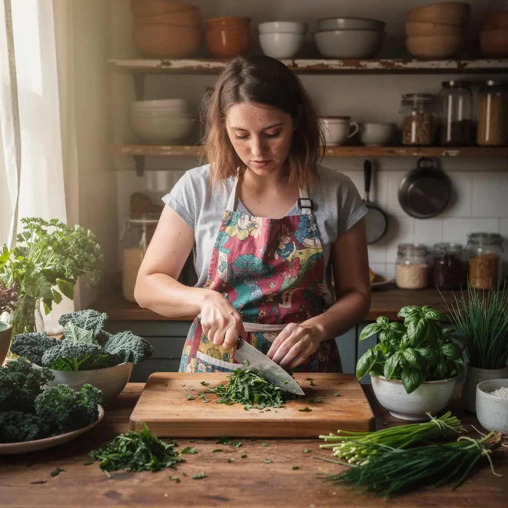 Ein erfahrener Koch, der eine Technik zum feinen Schneiden demonstriert.