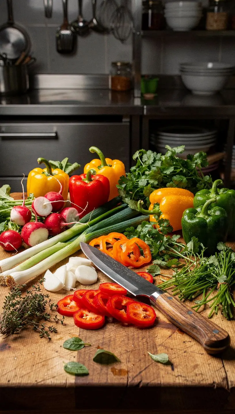 Nahaufnahme von frischem Gemüse, das auf einem Schneidebrett vorbereitet wird.