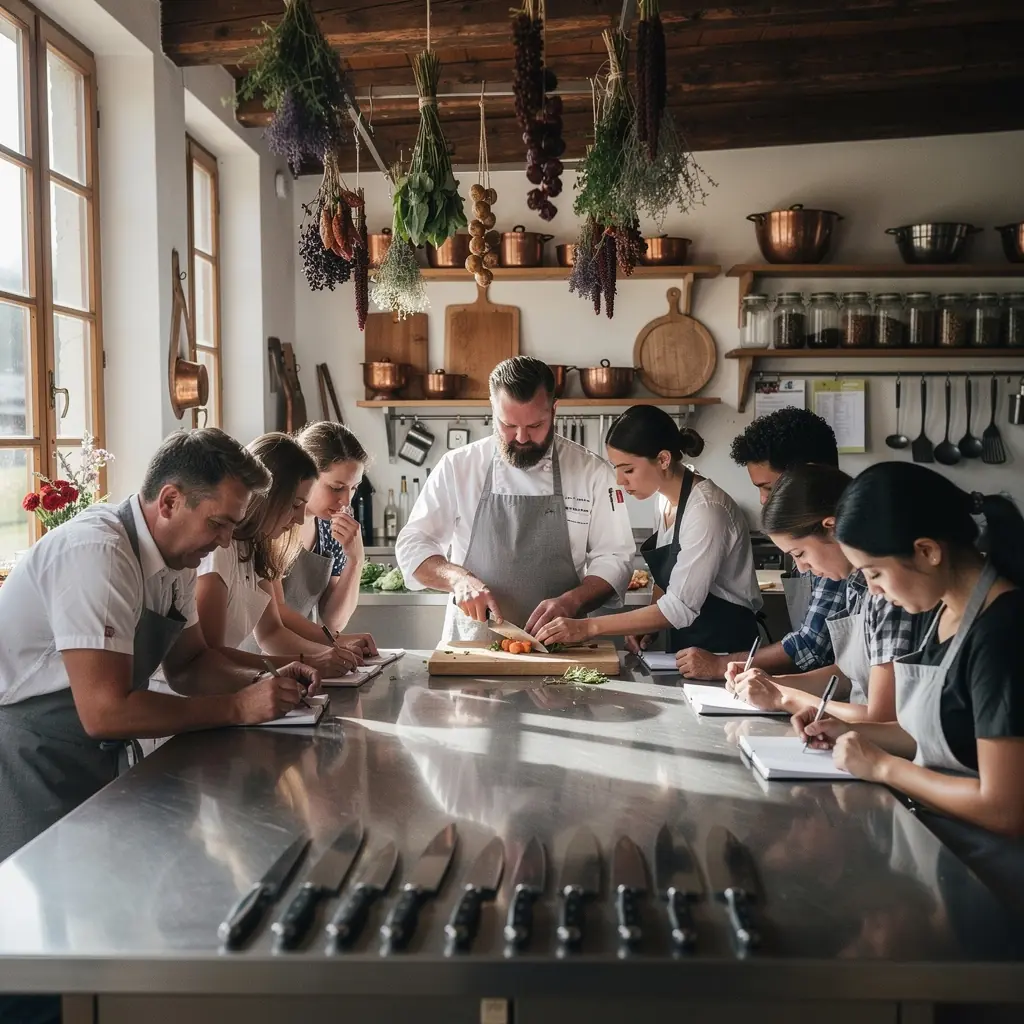 Eine Gruppe von Teilnehmern, die an einem Messerkurs arbeiten und verschiedene Schneidetechniken üben.