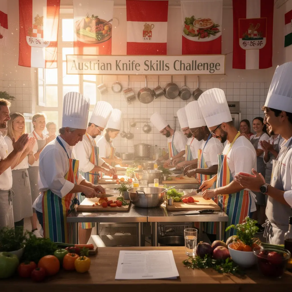 Eine Gruppe von Teilnehmern Гјbt das Schneiden von GemГјse unter Anleitung eines Experten.