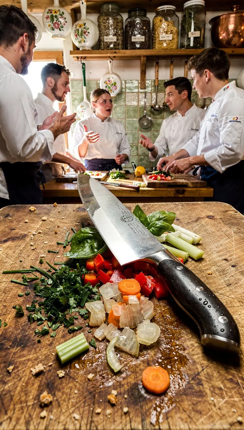 Eine Nahaufnahme zeigt die Technik des feinen Julienne-Schneidens von Karotten.