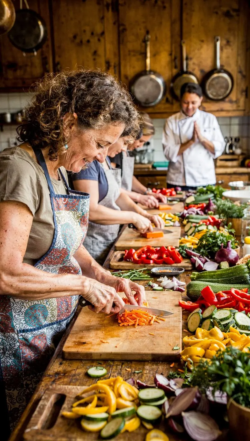 Gruppenaktivität, bei der Kochschüler ihre Messerfähigkeiten unter Anleitung verbessern.