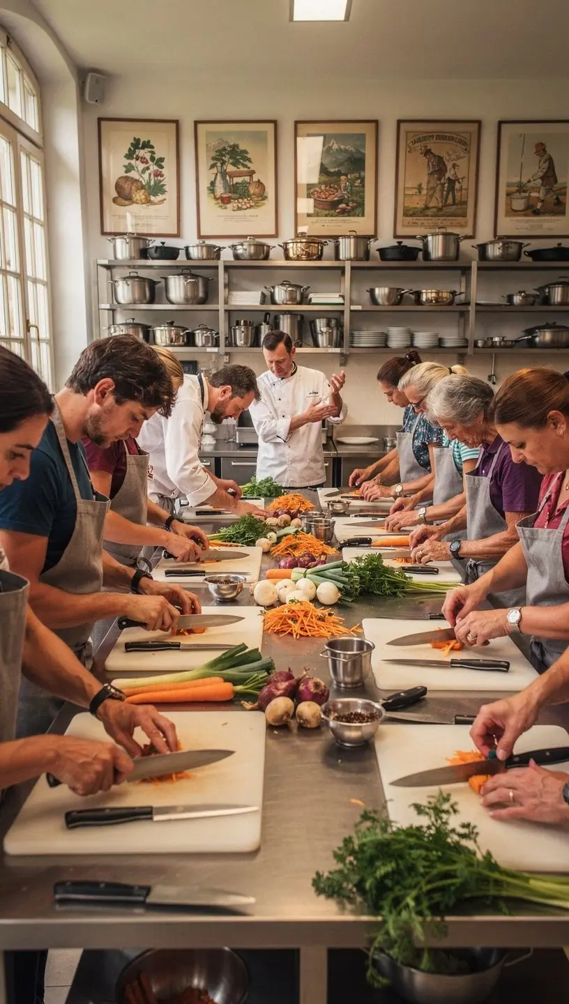 Ein professionelles Kochmesser wird neben frischen Kräutern und Gemüse präsentiert.